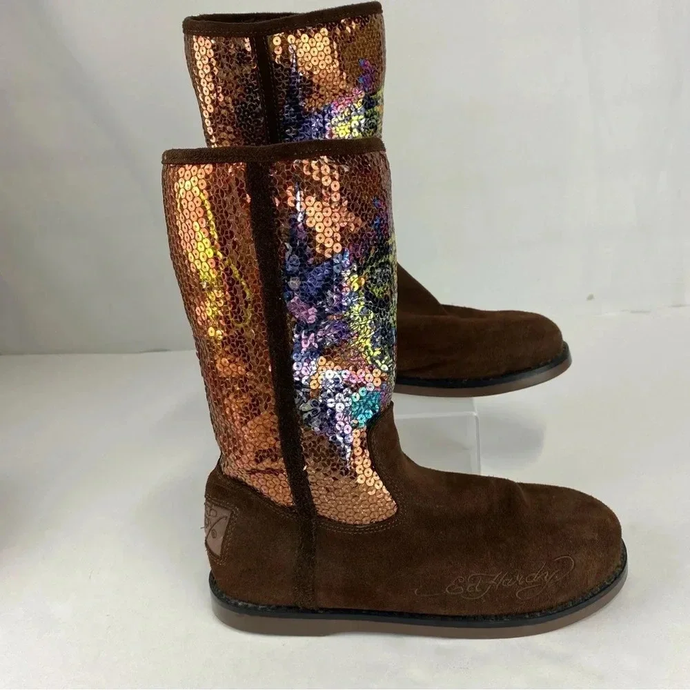 Ed Hardy Womens 6 Brown Sequin Rainbow Tiger Print Suede Leather Boots